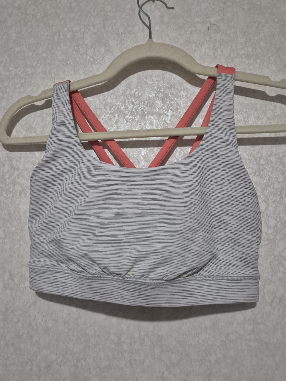lululemon athletica Light Gray Striped Sports Bra with Coral Straps-Size:6